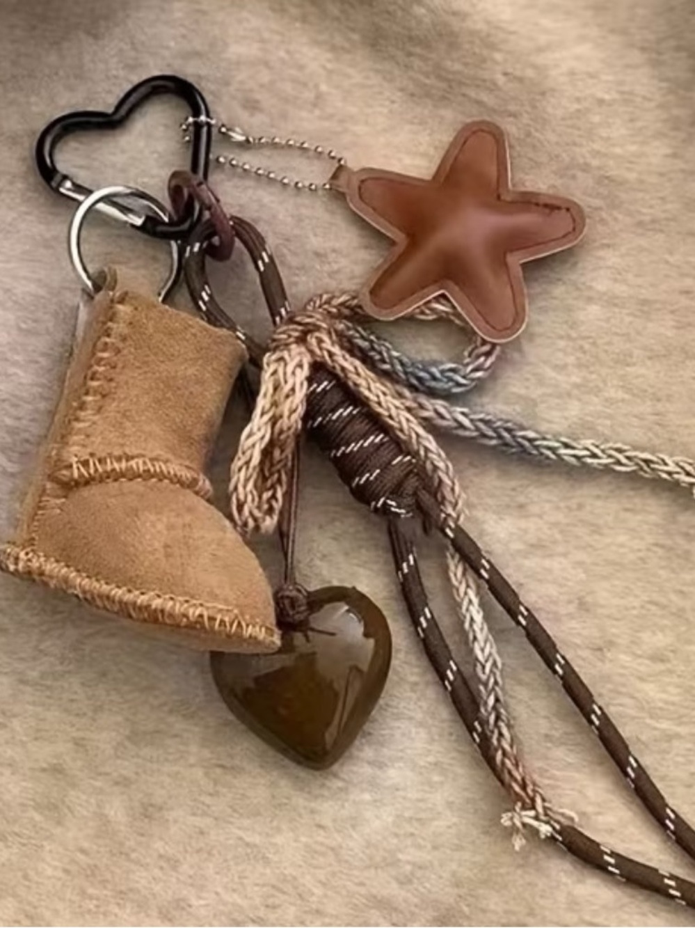 Boho Brown Star & Heart Keychain with Mini Suede Boot